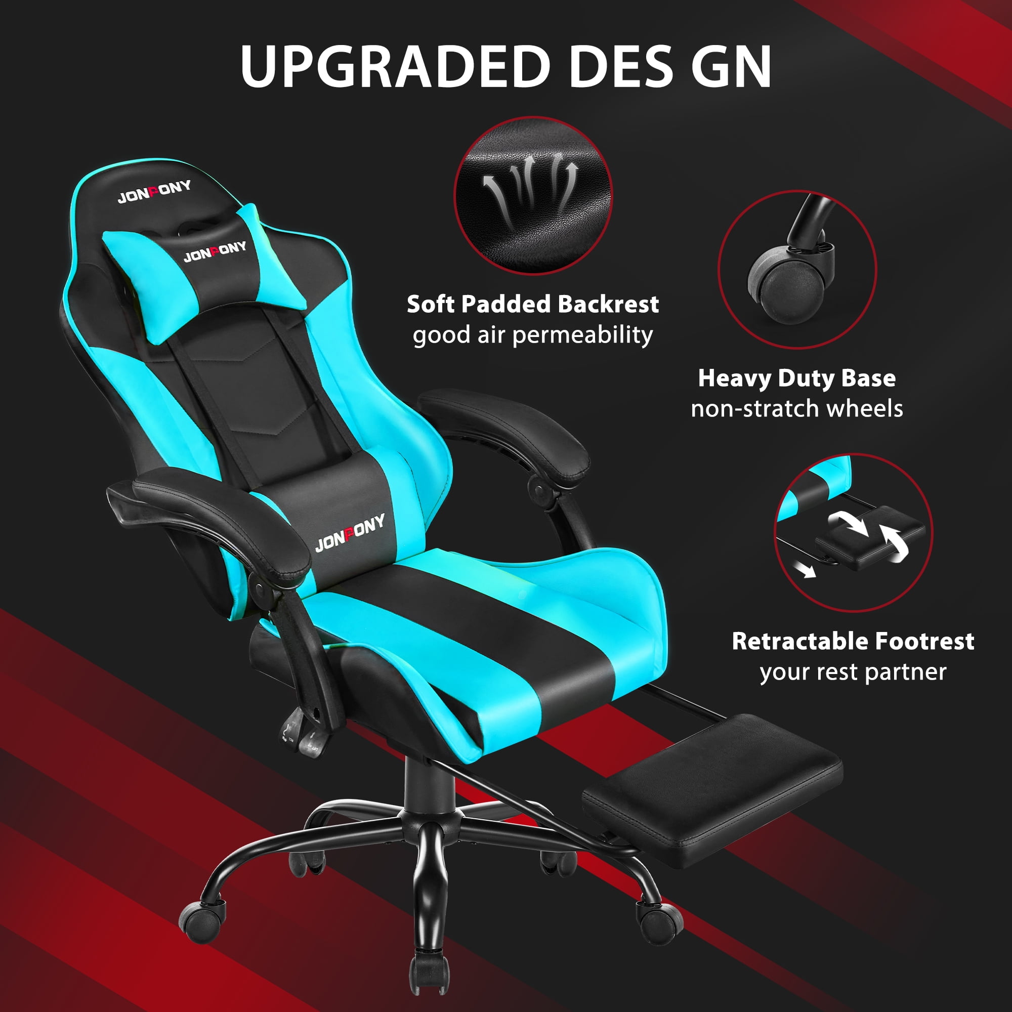 JONPONY Big and Tall 400LBS Gaming Chair, Ergonomic Design, Gamer Chair PU Leather with Footrest and Lumbar Support, High Back Office Chair Support 8 Hours Long Sitting, Computer Chair,Blue