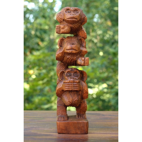 Wooden Hand Carved Stacked 3 Monkeys See, Hear, Speak No Evil Figurines Handmade Sculpture Home Decor Accent Handcrafted Wood Three Monkeys Statue