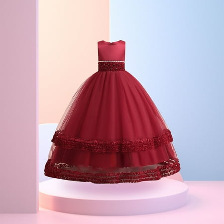 

PEASKJP for Girls 2023 Summer Children Girls Formal Floral A-Line Tulle A-Line Round Neckline Dress Knee-Length Girls Dress Red 14-15 Years