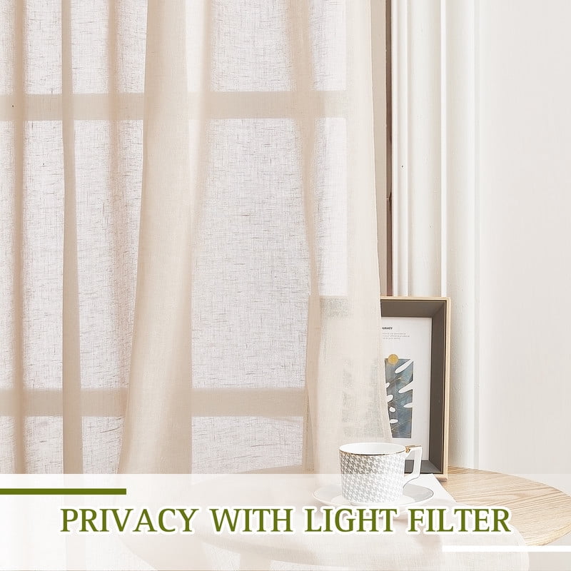 NICETOWN Linen Curtains for Bedroom 63 inches Long, Rod Pocket Linen sheer curtains Light Filtering Privacy Vertical Window Curtains & Drapes, 52"x63", Beige, 2 Panels