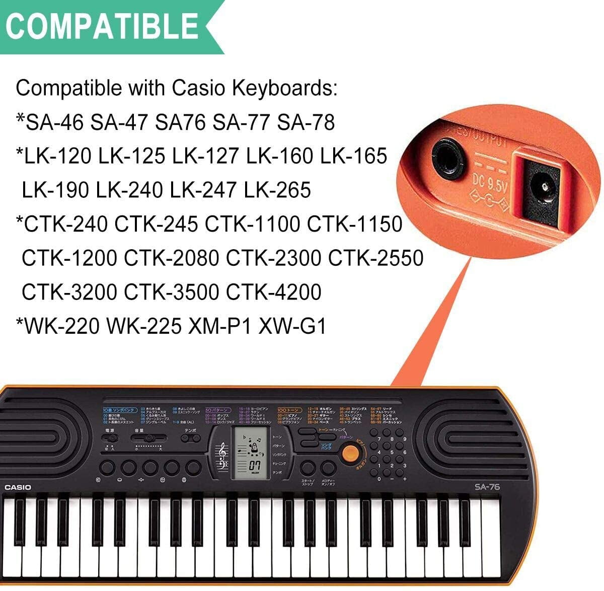 New Adapter for Casio Keyboards SA-46 SA-47 SA76 SA-77 SA-78 LK-120 LK-125  LK-127 LK-160 LK-165 LK-240 LK-247 LK-280 CTK-240Power Supply Charger -  Walmart.com