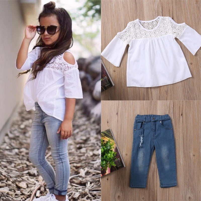 2PCS Toddler Kids Girl Outfit Lace Top 