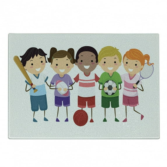 Sports Cutting Board, Team Playing Football Baseball Tennis Little Athletes Game Cartoon, Decorative Tempered Glass Cutting and Serving Board, Small Size, Multicolor, by Ambesonne