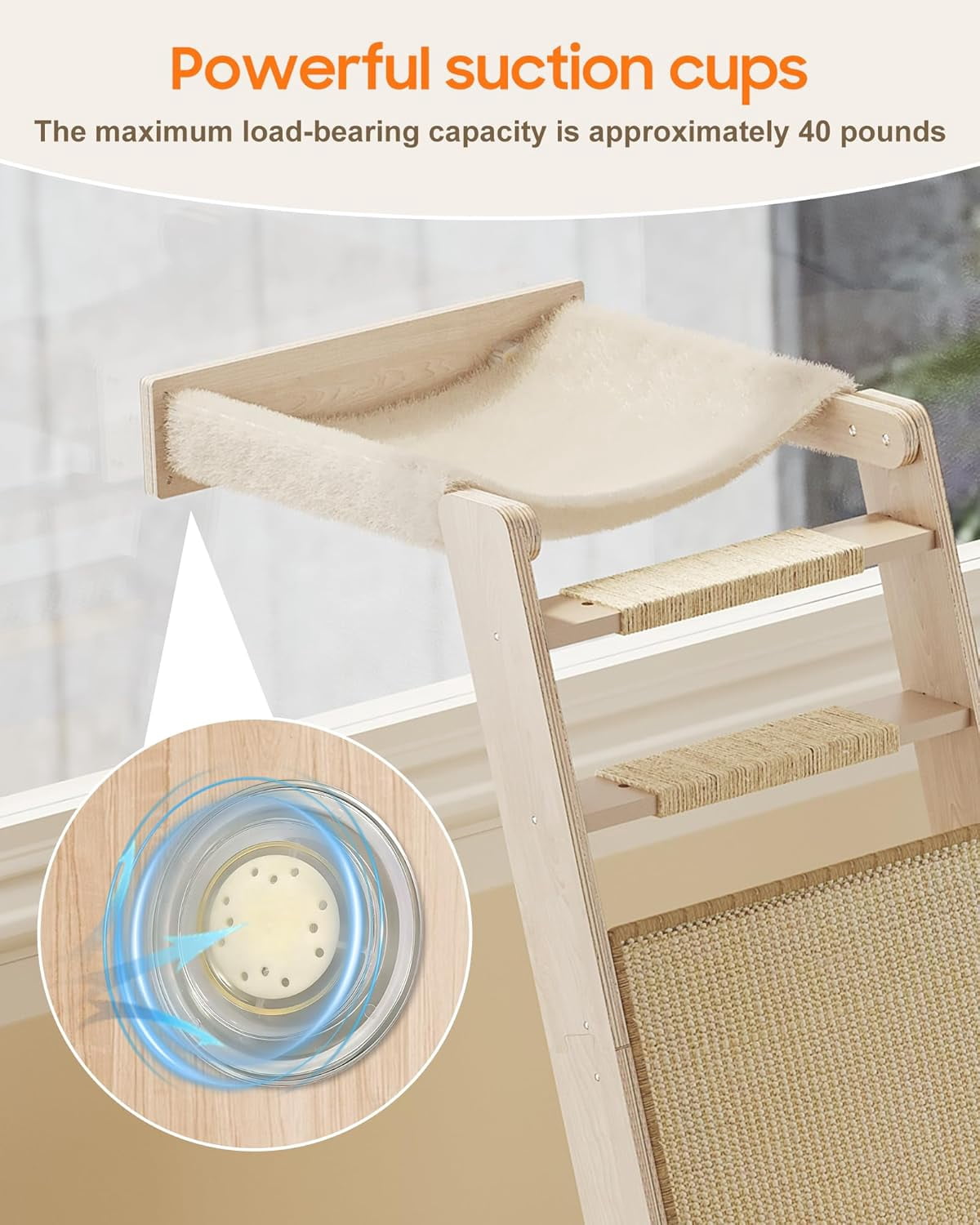 51 Inch  Window Perch with Sisal Pad -Wide Scratcher Suction Cups Hammock Ladder for Sleeping Playing Watching Birds