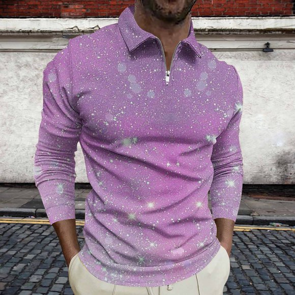 Styesk Chemises pour Hommes Chandail à Col Rabattu Manches Longues Fermeture Éclair Mode Bling Imprimé Décontracté