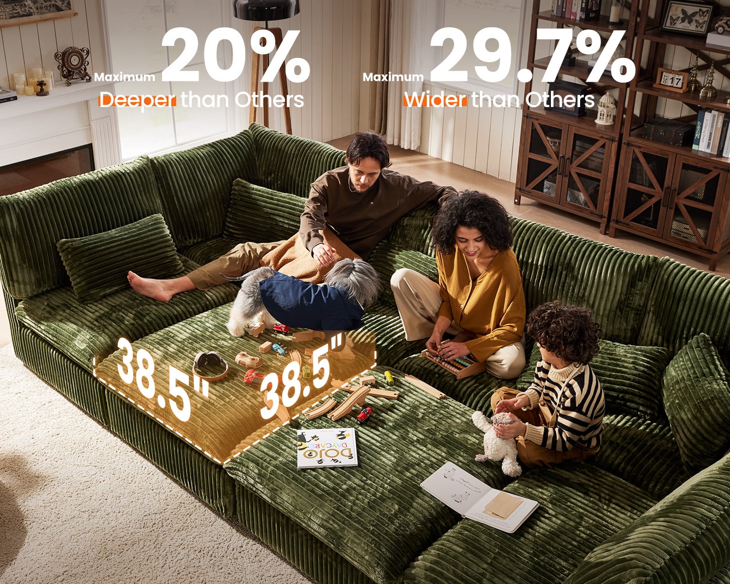 CHIC HOUSE Oversized Modular Sofa,Extra Deep Cloud Corduroy Sectional Couch with Ottoman Chaise,FSC Certified Fluffy Chenille 6 Seat U-Shaped Sofa for Living Room,Villa