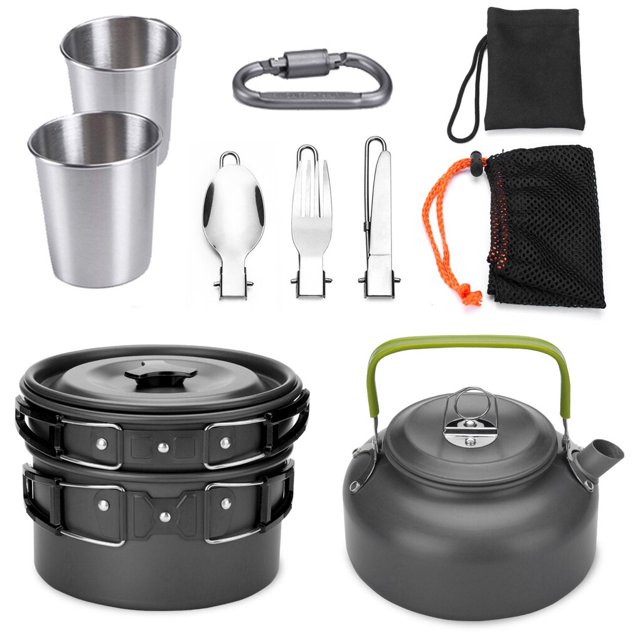 Wosthever Paquete de 11 utensilios de cocina para acampar, vajilla portátil, cuchara, para 2-3 personas, equipo de olla reutilizable con Kits de desorden para acampar Negro