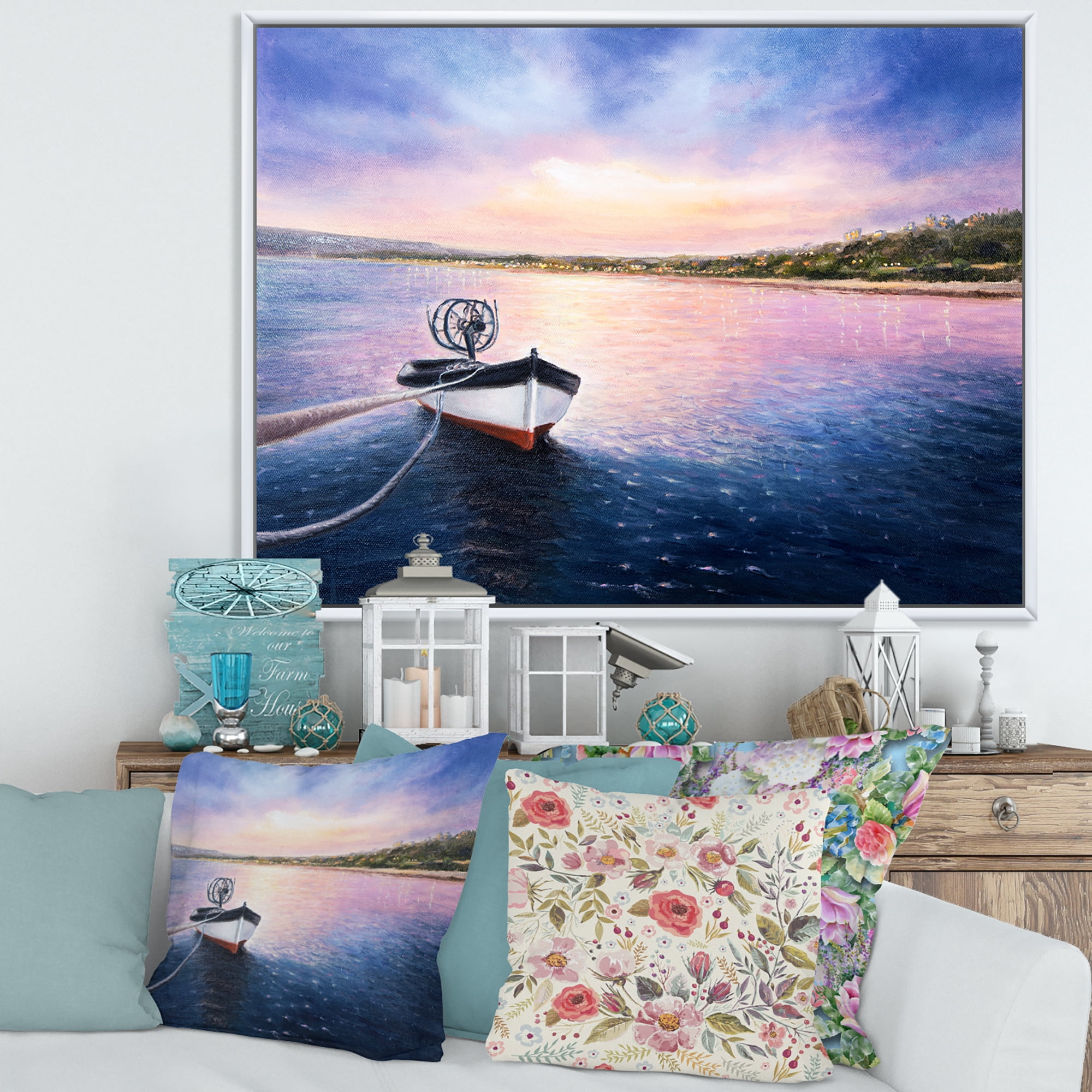 VIbrant Sunset Over Fishing Boat By The Shore 40 in x 30 in Framed Painting Canvas Art Print, by Designart