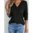 thumbnail image 3 of Womens Waffle Knit Tops Fashion Long Lantern Sleeve Casual Blouses V Neck Oversized T Shirts Black S, 3 of 6