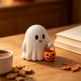 thumbnail image 5 of Halloween Ghost Figurine with Pumpkin Bucket, Resin Polished Cute Ghost Statue, Small Tabletop Halloween Ghost Decor for Home, Office, Tiered Tray, Fall Party Ornament, 5 of 9