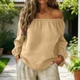 thumbnail image 2 of Danhjin Linen Shirts for Women Long Sleeve Off Shoulder Square Neck Solid Color Fashion Pullover Tops Fall Summer Spring Vacation Going out Blouses Casual T Shirts, 2 of 7