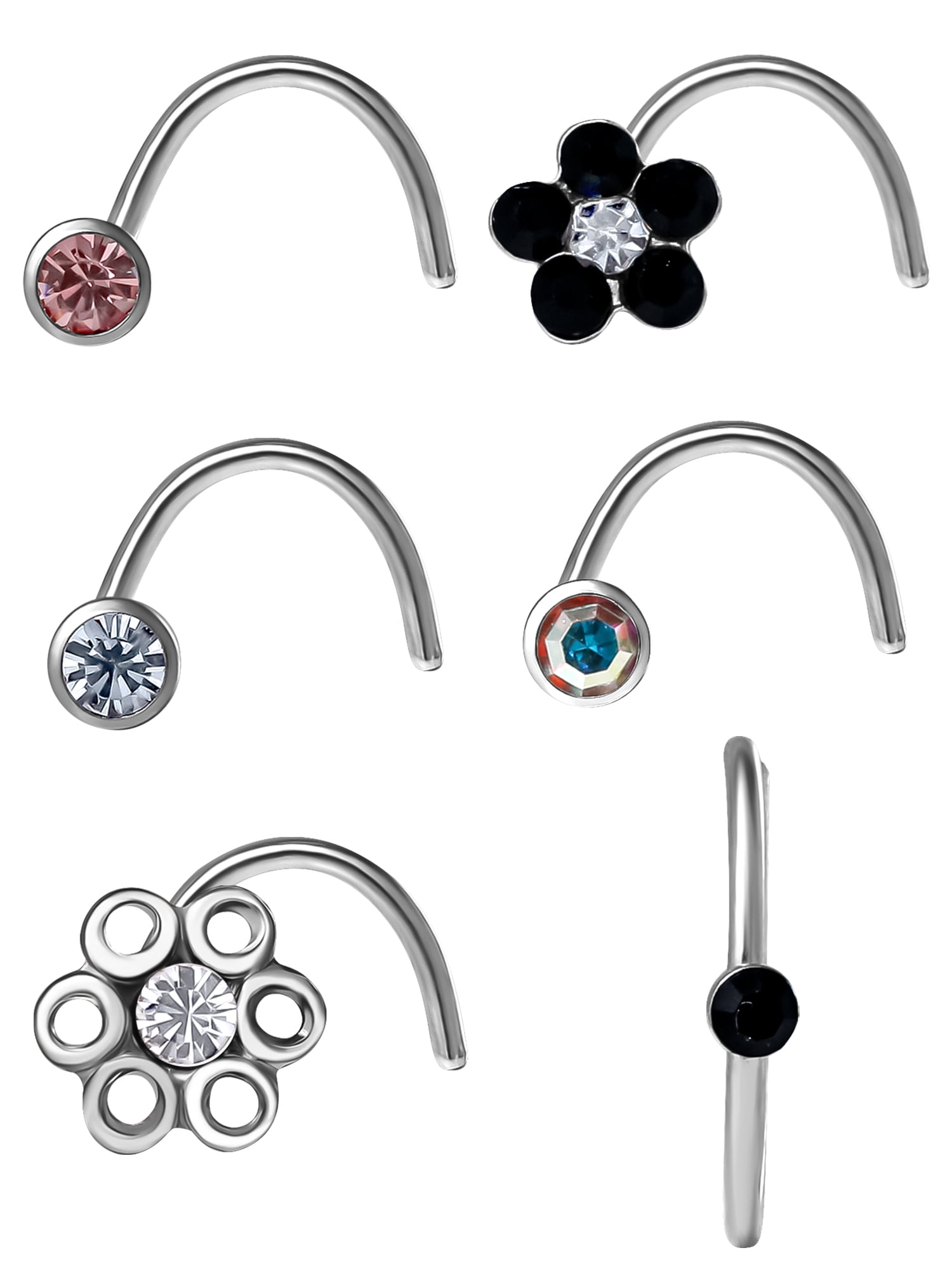 Adult Women's Stainless Steel 22G Multi Shape Crystal Stud Nose Rings, 6 Pack