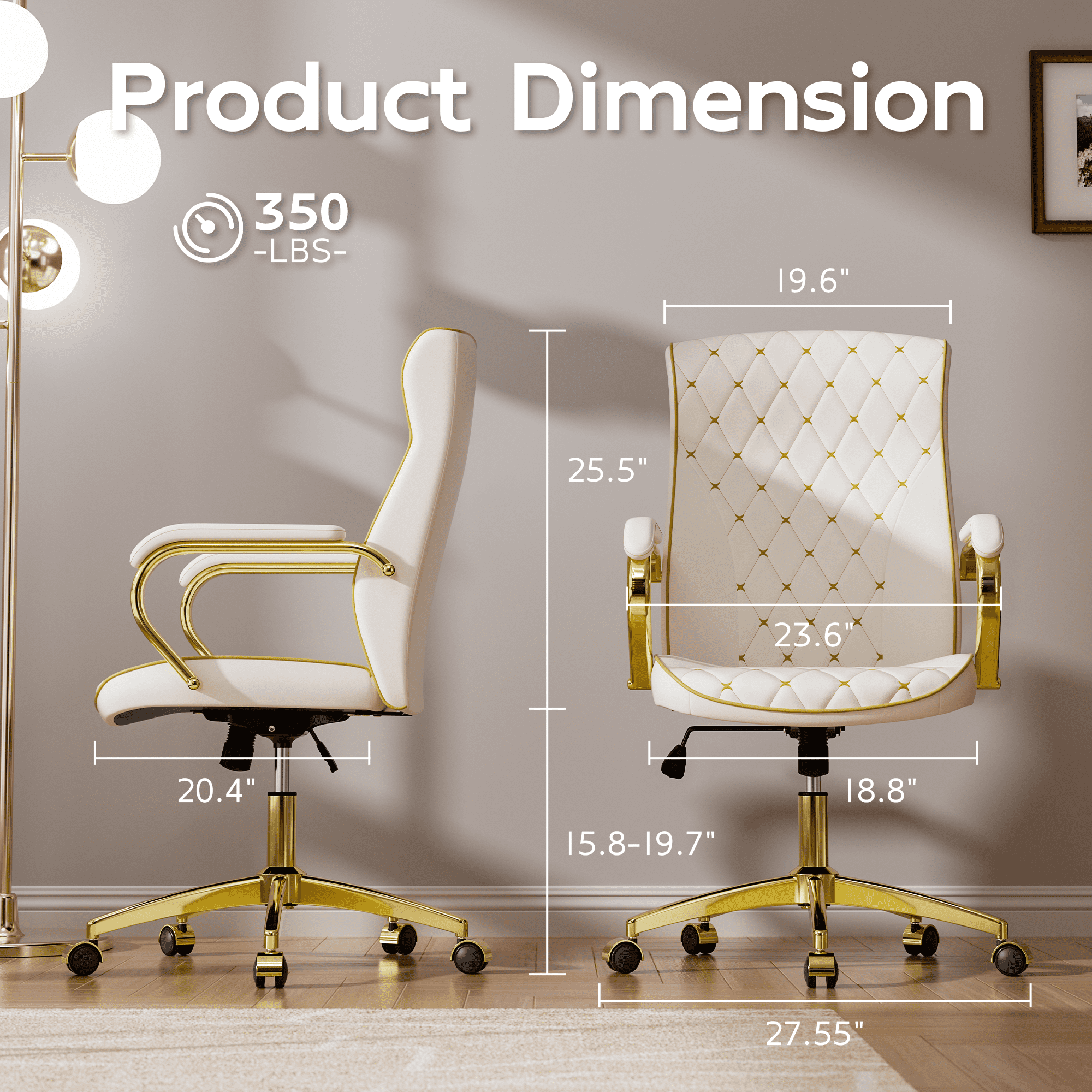 White and Gold Office Chair with Soft Leather Embroidery, Mid Back Vintage Swivel Executive Desk Chair with Wheels and Padded Arms, Adjustable Height