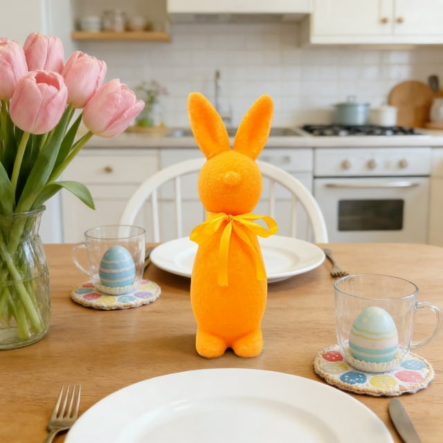 Cheapark Easter Themed Flocked Bow Standing Bunny Figurine Lifelike Pose Festive Tabletop Decor For Home Party Easter Spring Celebrations