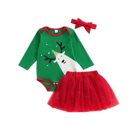 

Musuos Baby Elk Print O-Neck Long Sleeve Romper+ Solid Color Skirt+ Headband