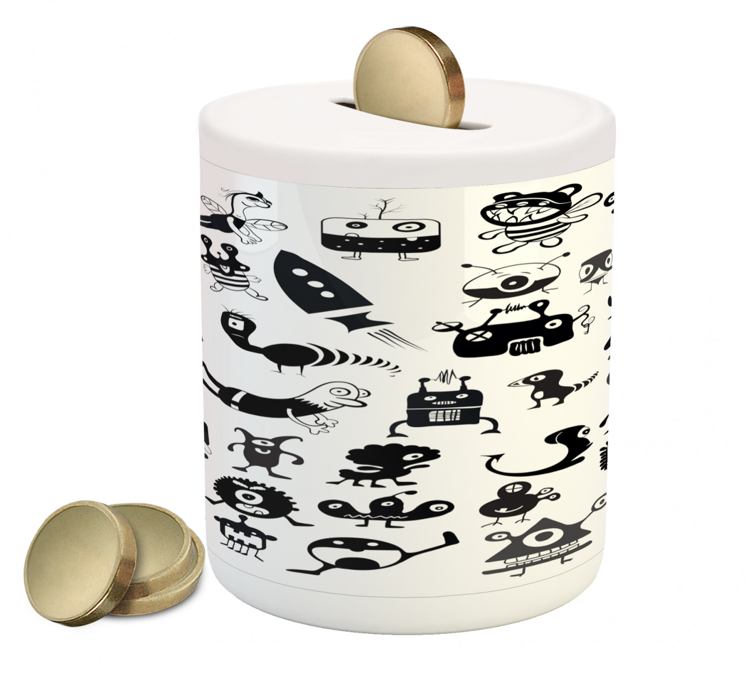 Hipster Piggy Bank, Cartoon Style Doodles with Space Themes Aliens ...