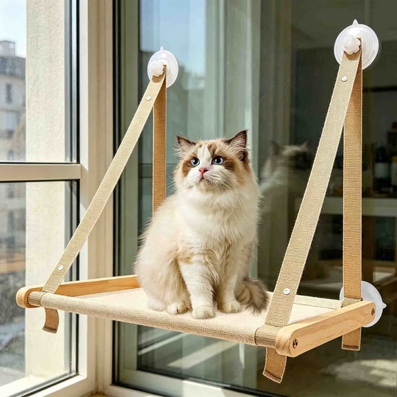 Cat Window Perch with 4 Suction Cups, Foldable Cat Window Hammock Holds 40lbs, Solid Wood Frame Cat Bed for Indoor Cats Sunbathing, Napping & Overlooking, No Drilling Window Seat