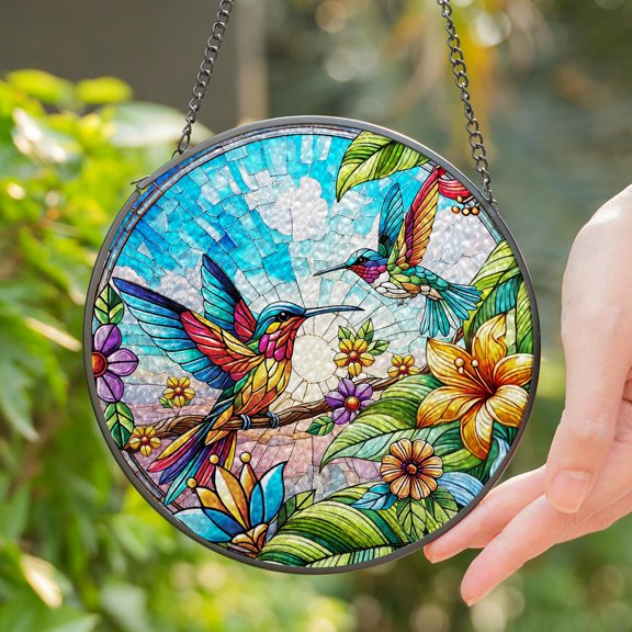 Lotusprinthandmade Colorful Hummingbird Couple Stained Glass Suncatcher for Window Hanging Cir4in, romantic hummingbird couple glass decor