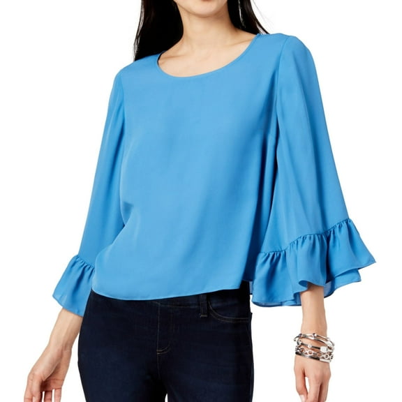 I.N.C Womens Ruffle-Sleeve Pullover Blouse, Blue, Medium