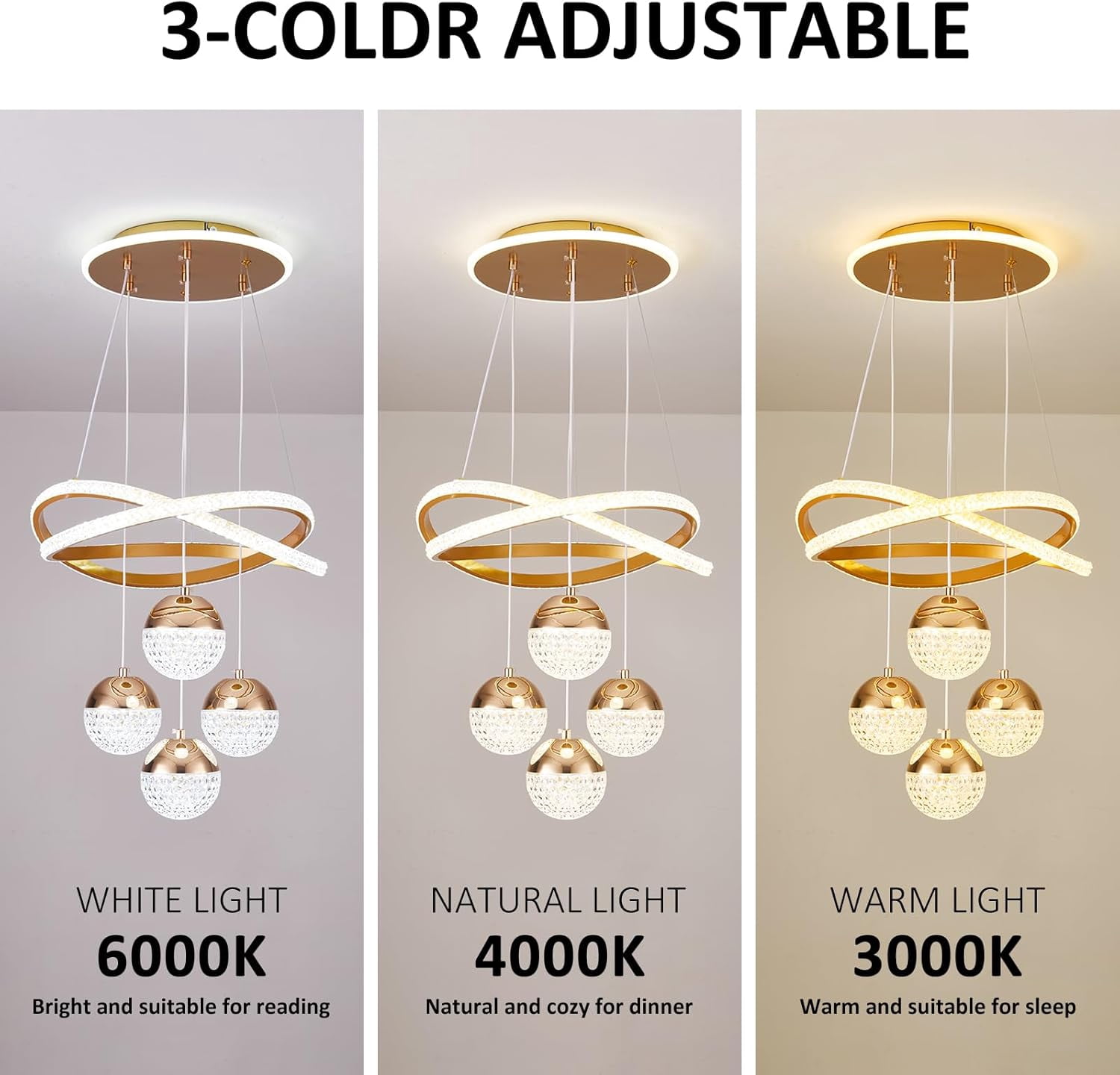 More Change Modern Gold LED Chandeliers, 3-Color Dimmable Pendant Light for Kitchen Island, Dining Room, Living Room, Contemporary Hanging Ceiling Light, Adjustable Height for Modern Home Decor