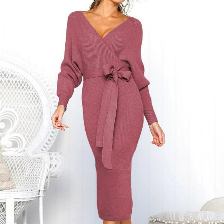 Knitted Sweater Wrap Midi Dress Womens Puff Long Sleeve V Neck Tie Waist  Bodycon Split Pencil Dress with Belt (Small, Purple) - Walmart.com