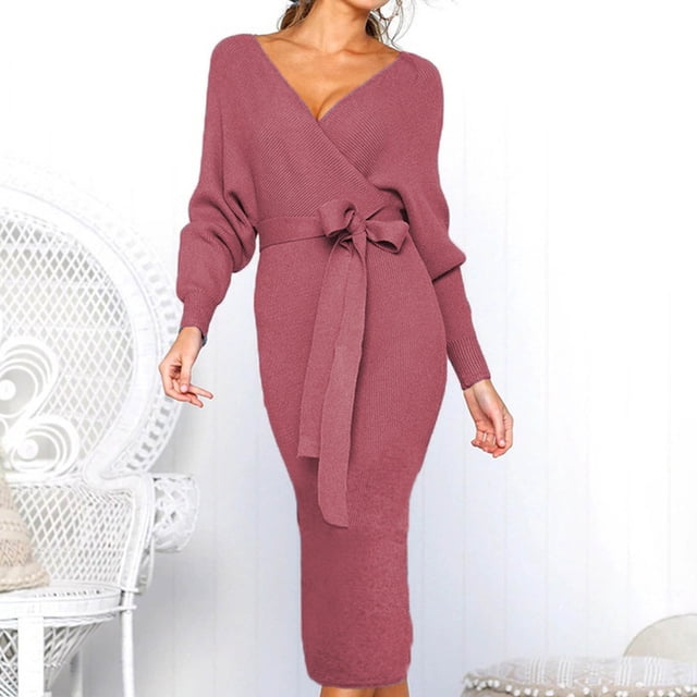 Fankiway Nouvelles Robes Aguichant à Col en V à Manches Longues pour Femmes Automne et Hiver Robes Midi pour Femmes Printemps 9726