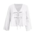 thumbnail image 4 of MIXUE Boho Tops For Women Summer Solid Color V Neck Tie Front Puff Sleeve Lace Up Pullover Shirts For Women T Shirts Daily-Wear,White,XXL, 4 of 5