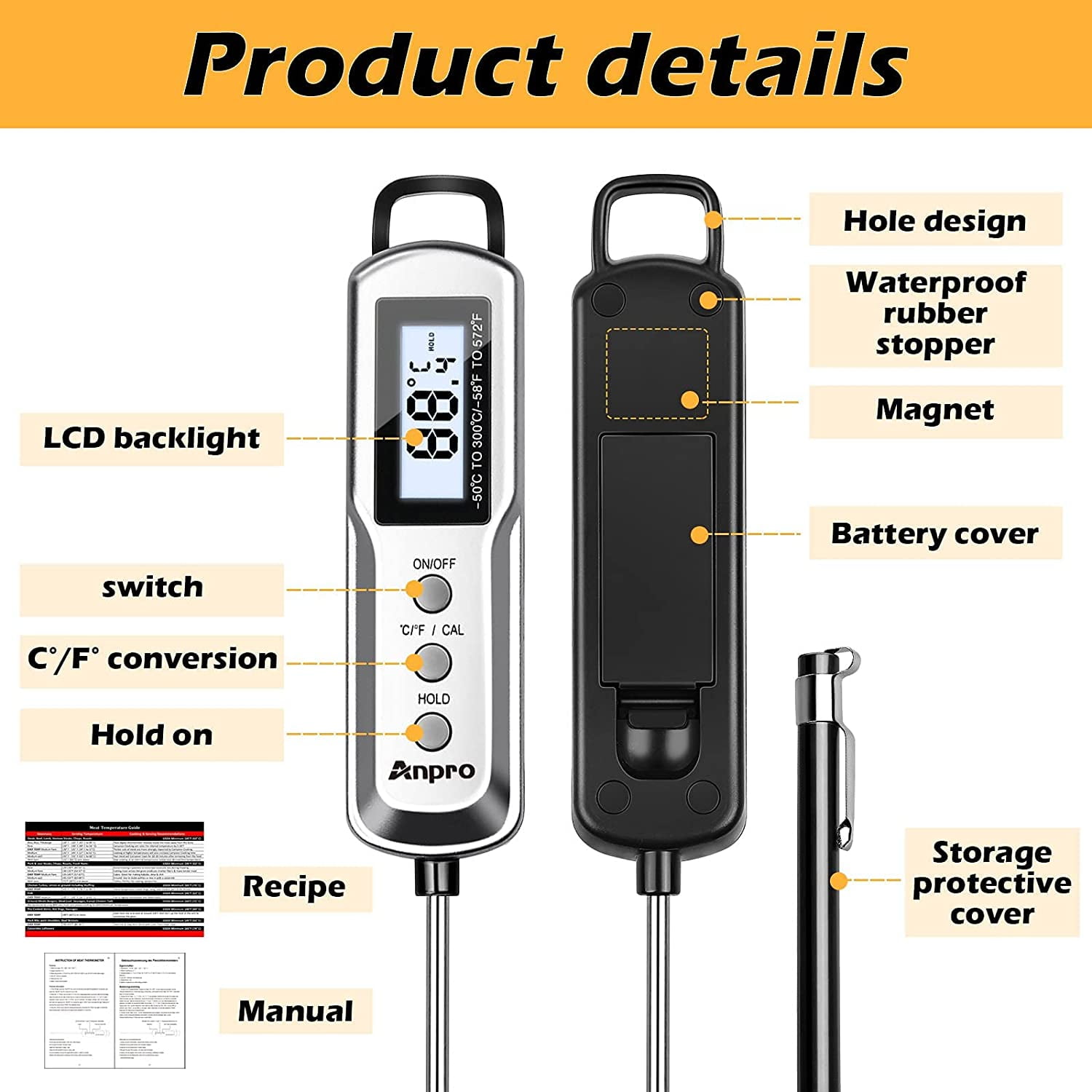 Anpro Meat Thermometer Digital Cooking Food Thermometer with Super Long  Probe for Grill Candy Kitchen BBQ Smoker Oven Oil Milk Yogurt Temperature 