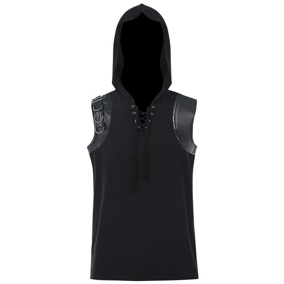 Mens Leather-Splice Hoodies Pullover Sleeveless Shirts Boys Trendy Solid Color Drawstring V Neck Slim-Fit Hip-Hop Streetwear Tank Tops
