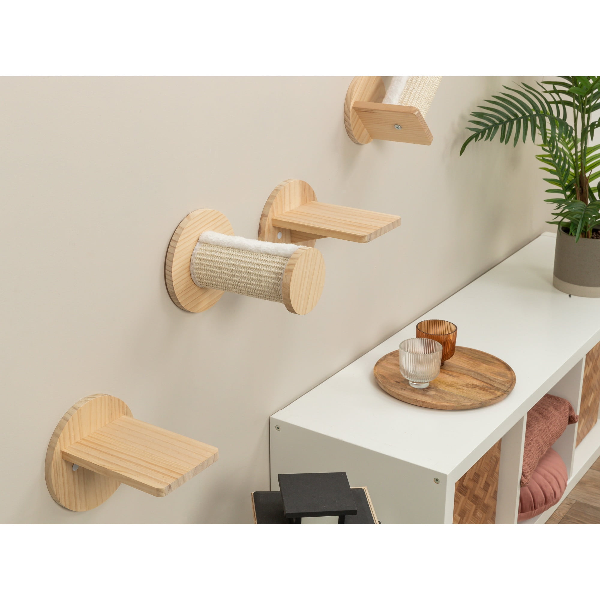 TRIXIE Wall Set 6 Multi-Level Wall Mounted Cat Perch System w-Corner Sisal Posts, Natural