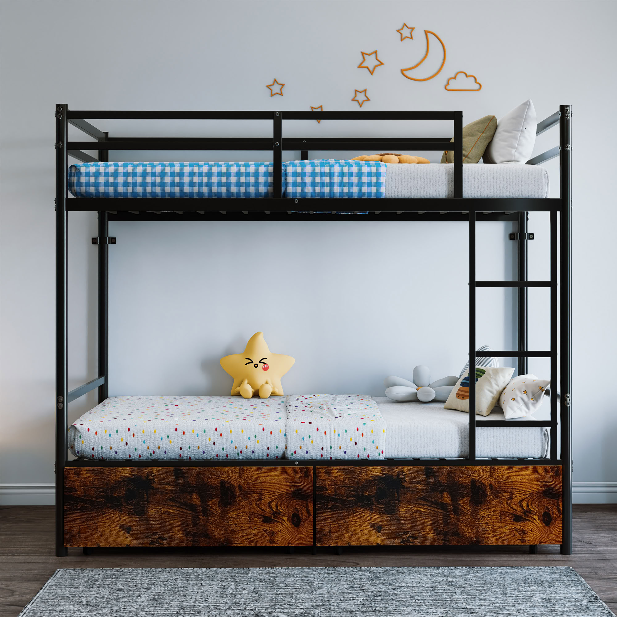 MAYEERTY Twin Over Twin Metal Bunk Bed with Storage Drawer, Heavy Duty Bed Frame with Ladder and High Guardrail, 485 lbs Capacity, for Kids Teens Adults Dorm