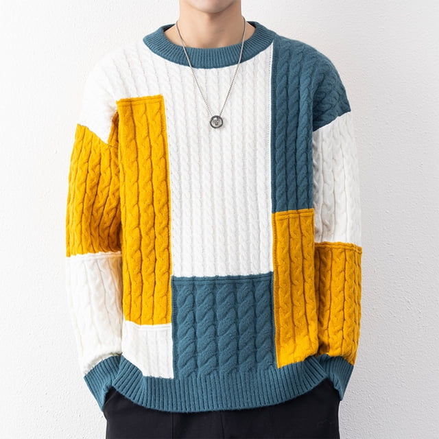 EGNMCR Pull Col Roulé pour Hommes, Pull Élastique Col Rond Tendance Texture Couleurs Assorties Manteau Pull Polyester pour Hommes