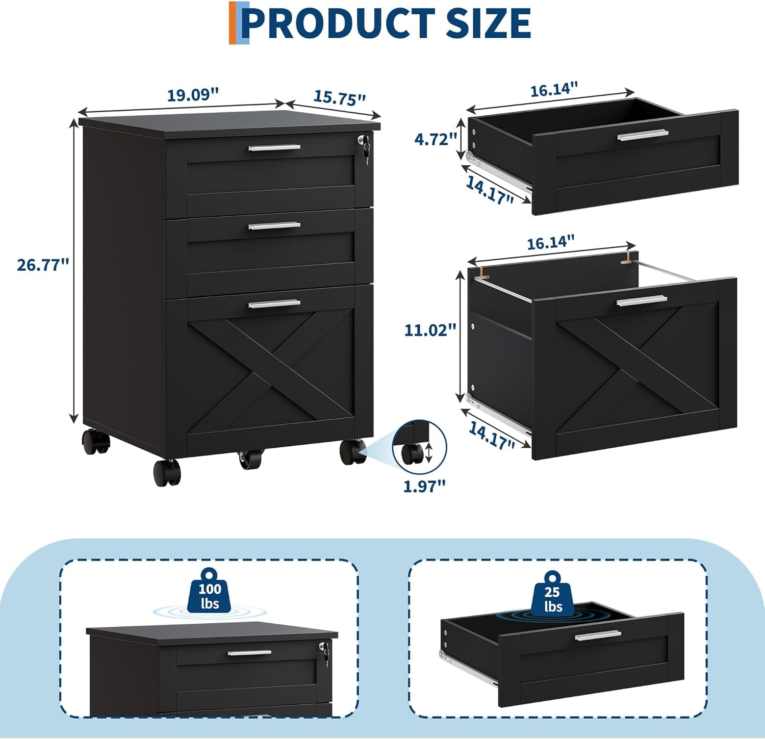 3-Drawer File Cabinet with Lock, Mobile Under Desk Filing Cabinet for Home Office, Wood Storage Organizer for Letter/a4/Legal Size Documents, Black