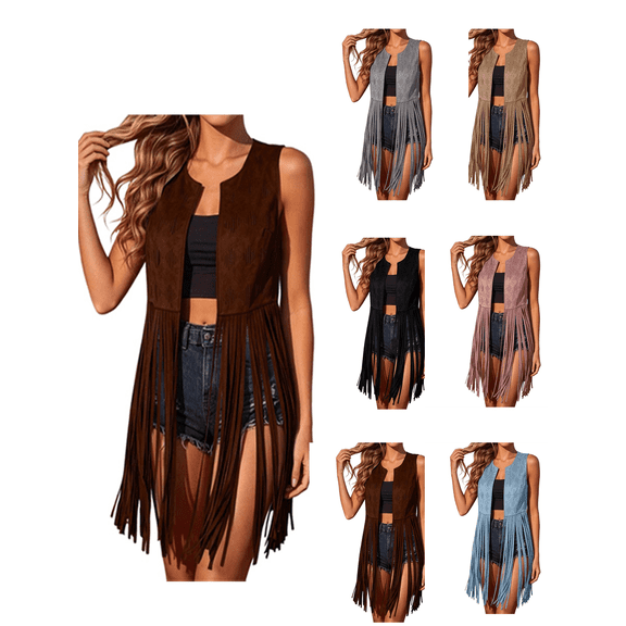 Atkumj Western Vest Vintage Suede Fringe Hem Long Cardigans Casual Solid Color Sleeveless Cardigans Women for Southwestern Style S