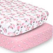 The Peanutshell Fitted Crib Sheet Set for Baby Girls, Pink Roses, Ditsy Floral, 2 Pack Set