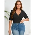 thumbnail image 3 of SHOWMALL Women's Plus Tops Henley Elbow Sleeve Top Casual Ribbed Curved Shirts Black 2X Knit Fitted Effortless Style Top, 3 of 7