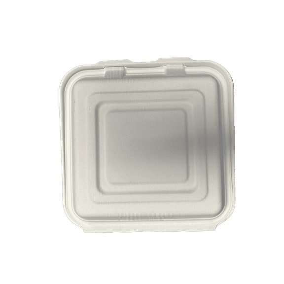 9"X9" 3-COMP. HINGED WHITE BOX, MICROWAVABLE, NATURAL BAGASSE