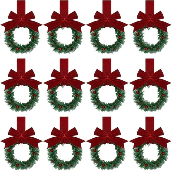12 Pcs Christmas Kitchen Cabinet Wreaths with Ribbon 5.12 Inch Mini Christmas Wreath Small Kitchen Xmas Decor for Window Door(Plaid,Stylish Style)