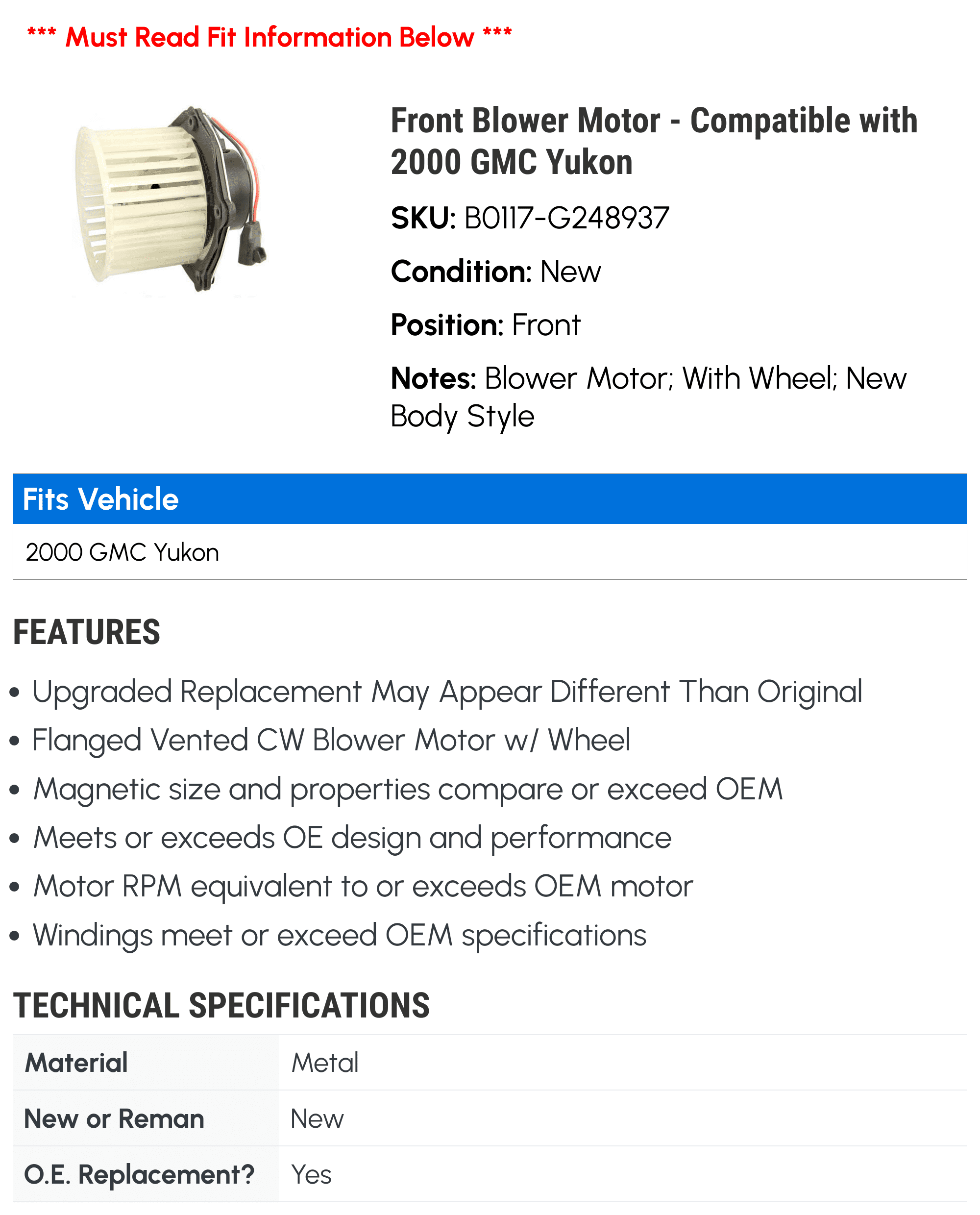Front Blower Motor - Compatible with 2000 GMC Yukon