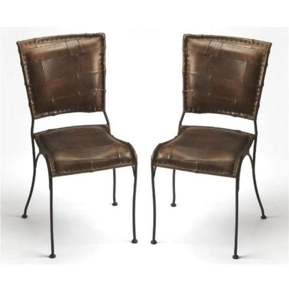 Home Square Iron and Leather Side Chair in Dark Brown - Set of 2