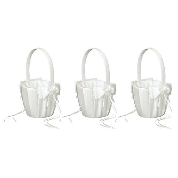 3X Faux Pearl Flower Wedding Flower Girl Basket Bowknot Decor,3 pc Wedding small flower basket.,Ivory