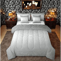 Damask Gothic Bedding Set Adults Antique Victorian Bed in a Bag King Size Comforter Set 7 Pieces,Sliver Sugar Skull Sheet Set Vintage Floral Goth Bed Set,Exotic Bone Skeleton Bohemian Baroque Decor