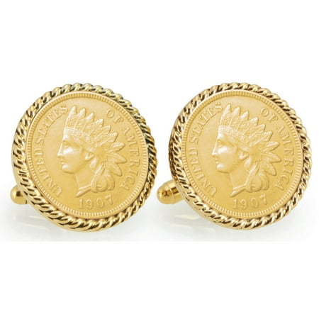 Gold-Layered Indian Head Penny Goldtone Rope Bezel Coin Cuff Links