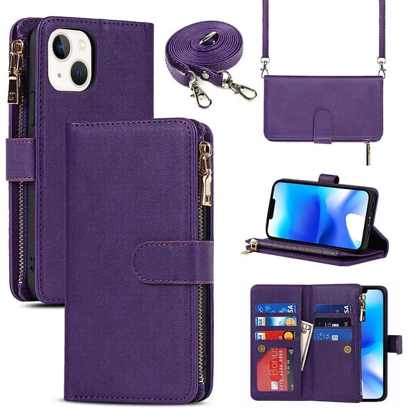Fit for iPhone 14 (5G 2022) Wallet Case,[9 Card Slots] [Removable Adjustable Crossbody Necklace Lanyard Shoulder Strap] Zipper PU Leather Case for Women & Men 6.1 Inch,Purple