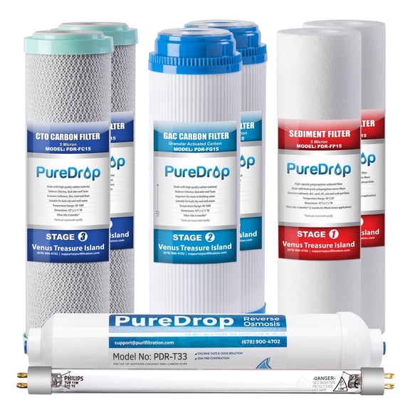 PureDrop PDR-F8U 50 GPD Reverse Osmosis Water Filter 1-Year Replacement Cartridges for RTW5U 6-Stage RO Water Filtration System with UV light Filter, 8 Pieces