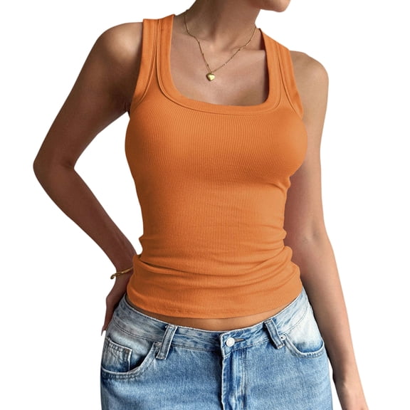 Summer Womens Tank Tops Square Neck Fitted Sleeveless Shirts for Women Ribbed Basic Top Orange M