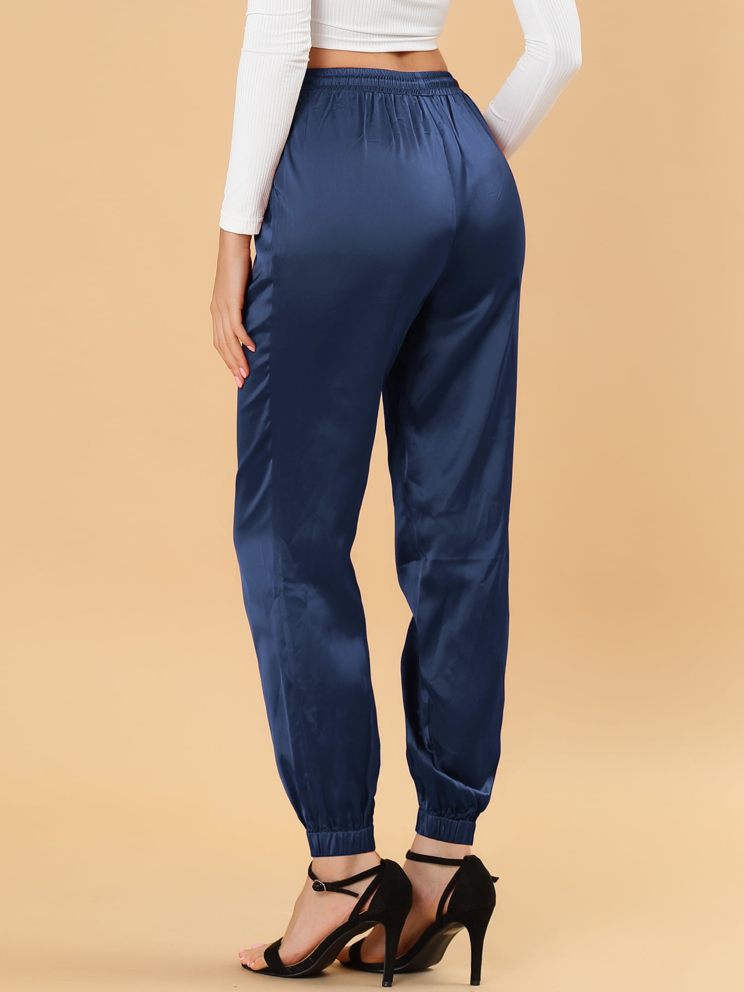 DARING DIVA Women's Satin Straight Leg Ankle Length Joggers Small Royal Blue