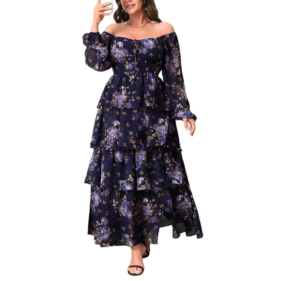 Vestido EYWOL de talla grande para invitada de boda, manga larga, azul marino