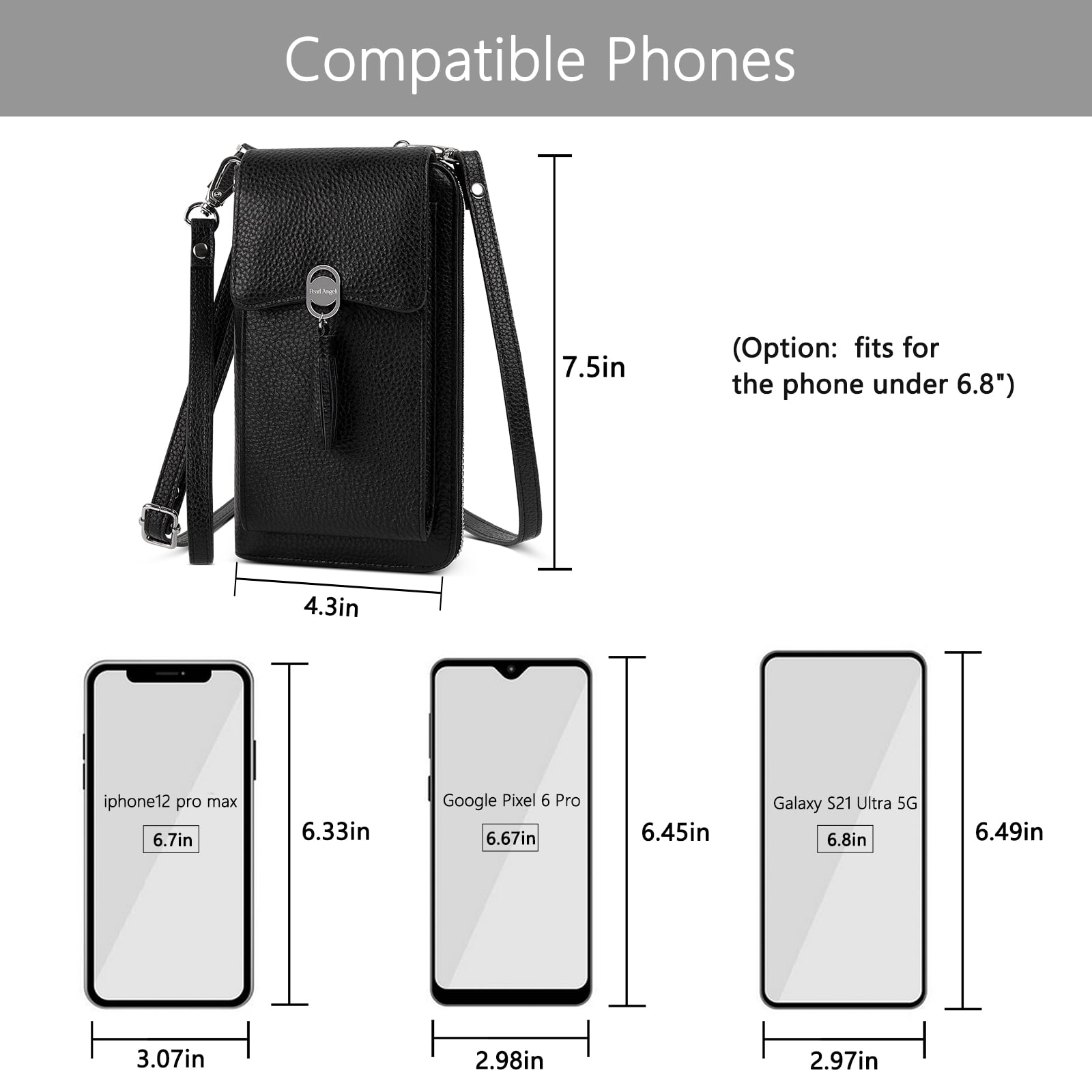 Pearl Angeli Women's Leather Mobile Phone Crossbody Cell Phone Bag RFID (Black)