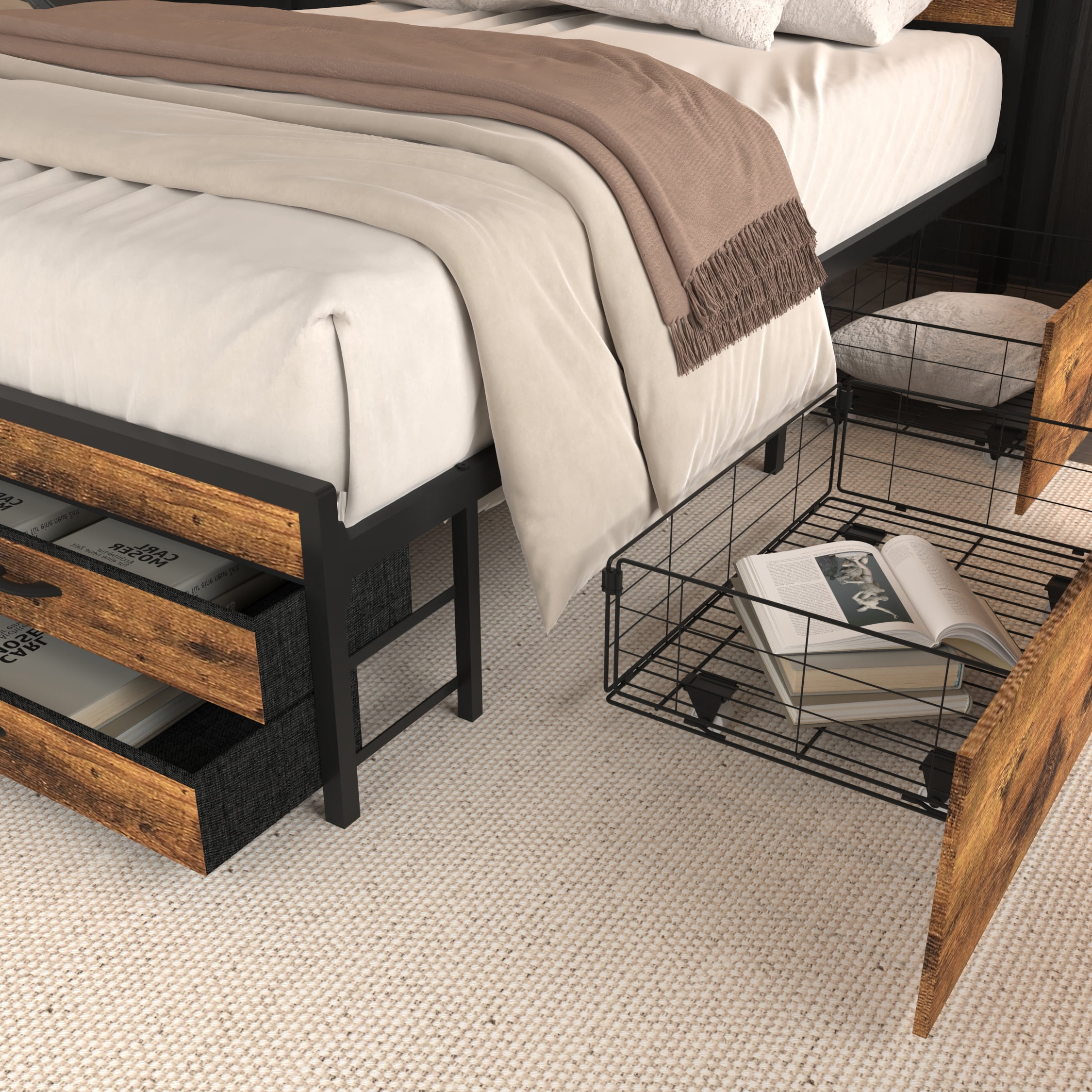 Miniyam Full Size Bed with Storage Drawers, Charging Station for Adult, Brown